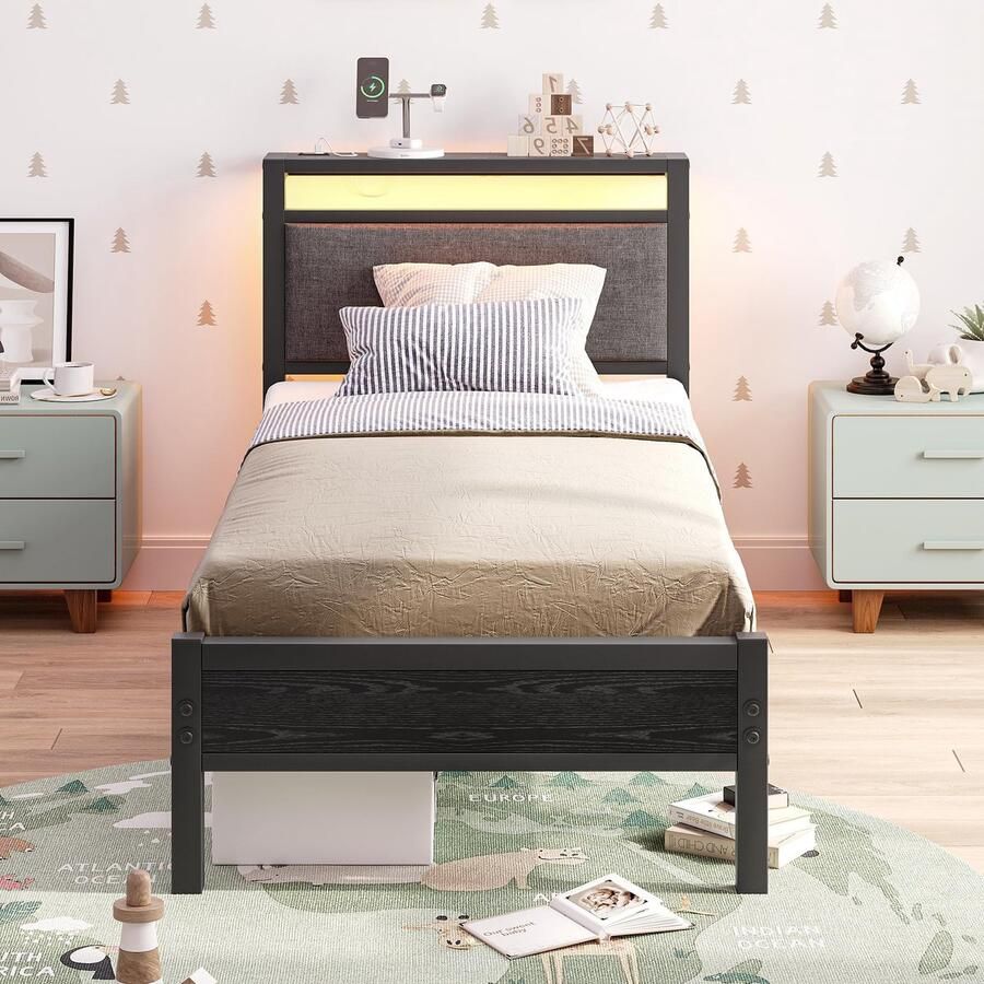 Azomor Modern bedframe met LED-verlichting ladestation en opbergruimte 90x200 cm