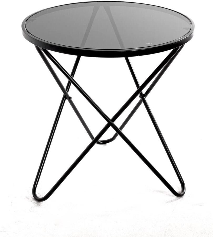 Azomor Moderne ronde bijzettafel van zwart metaal met glazen blad