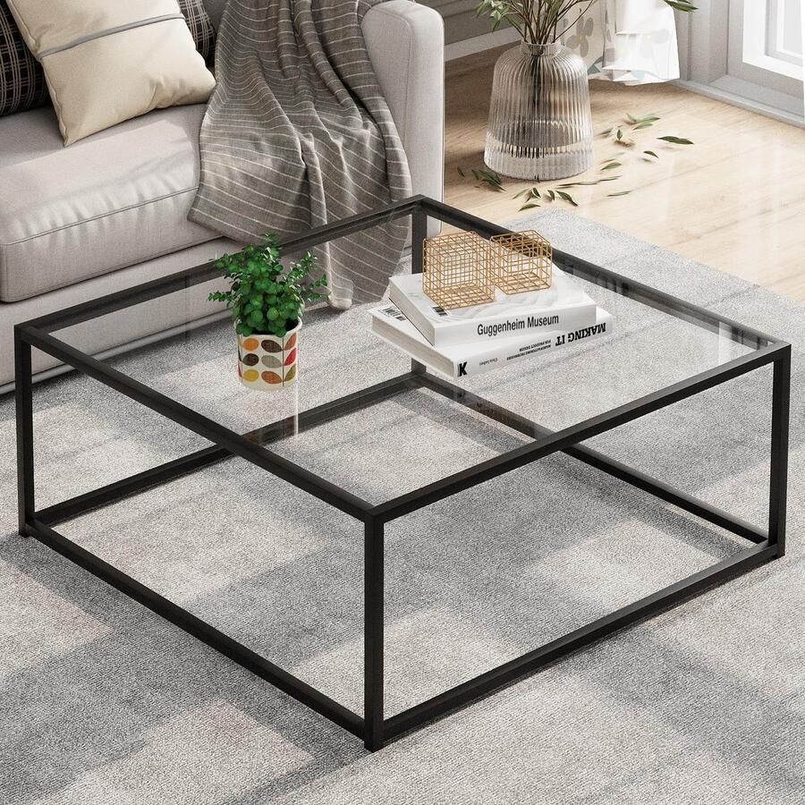 Azomor Moderne vierkante salontafel van glas met metalen frame voor woonkamer