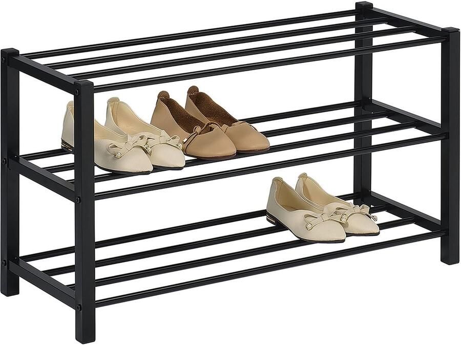 Azomor Ruim en Stijlvol Zwart Metalen Schoenenrek met Drie Niveaus