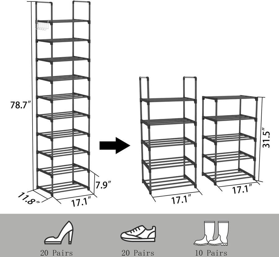 Azomor Ruimtebesparend schoenenrek met tien lagen voor maximaal twintig paar schoenen
