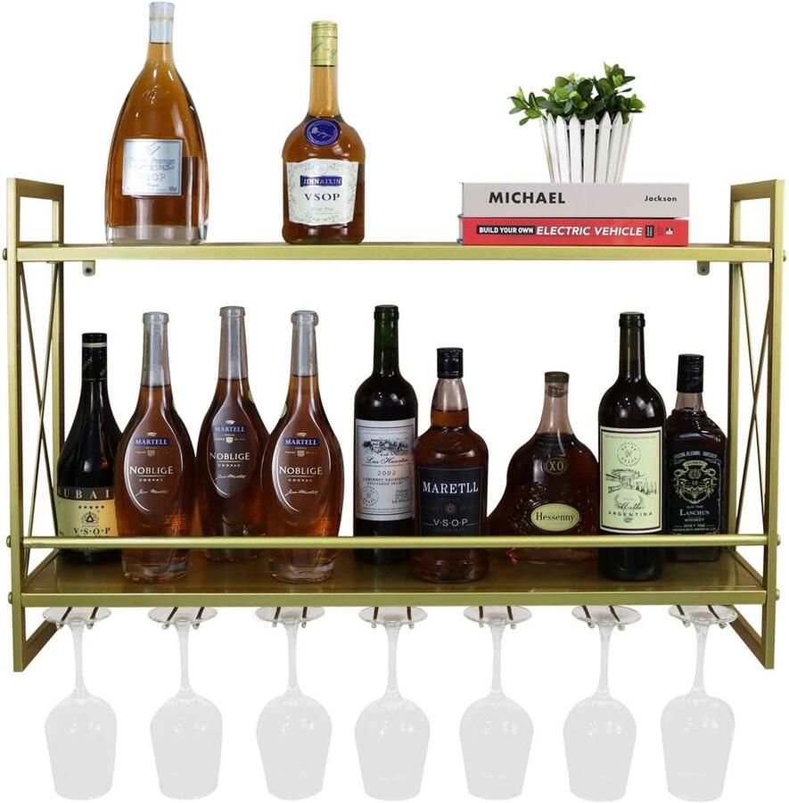 Azomor Ruimtebesparend wandgemonteerd wijnrek met gouden afwerking en glashouders