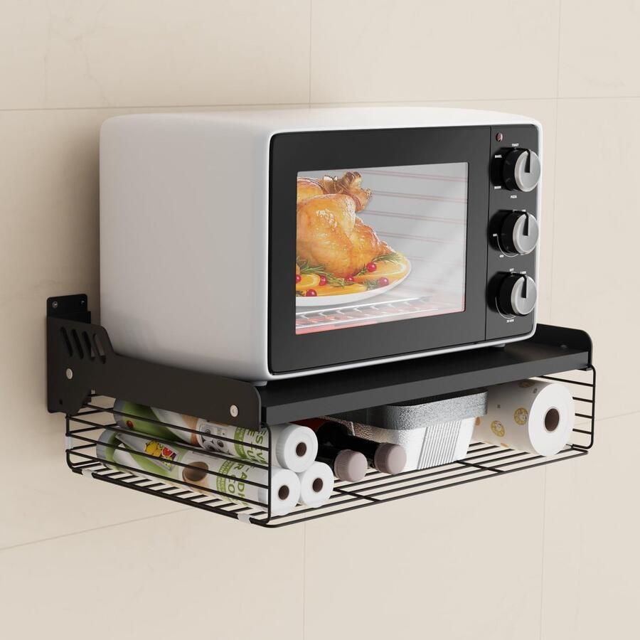 Azomor Ruimtebesparend zwart wandrek met opbergmand voor keukenapparaten