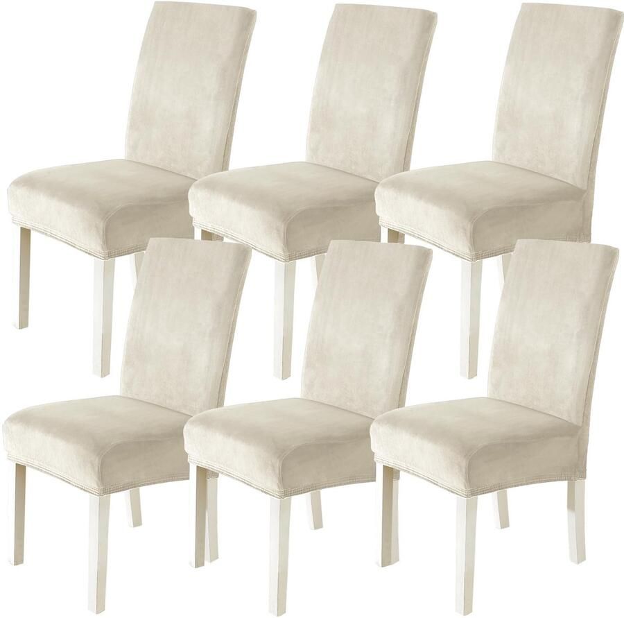 Azomor Set van 6 fluwelen stoelhoezen in beige met hoge rugleuning en stretch
