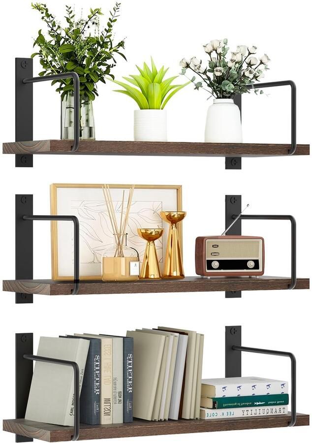 Azomor Set van drie rustieke houten wandplanken voor veelzijdige opslag en decoratie