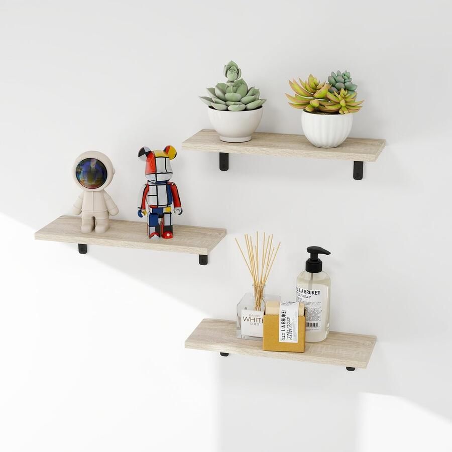 Azomor Set van drie zwevende houten wandplanken voor stijlvolle thuisdecoratie