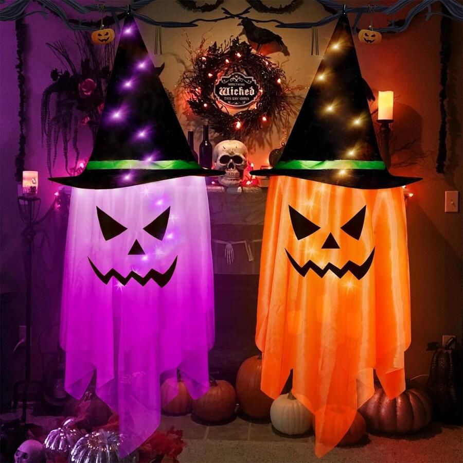 Azomor Set van twee feestelijke Halloween hanglampen met heksenhoed en ledverlichting
