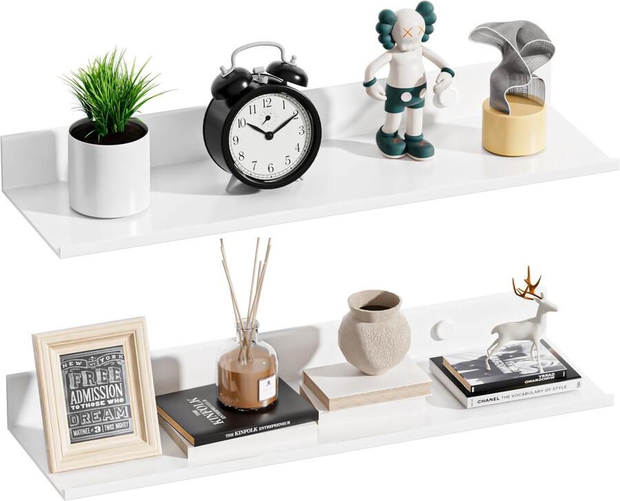 Azomor Set van twee witte metalen zwevende wandrekken voor veelzijdige opbergruimte