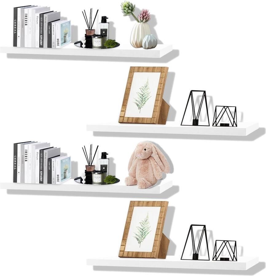 Azomor Set van vier witte wandplanken voor veelzijdige decoratie en organisatie