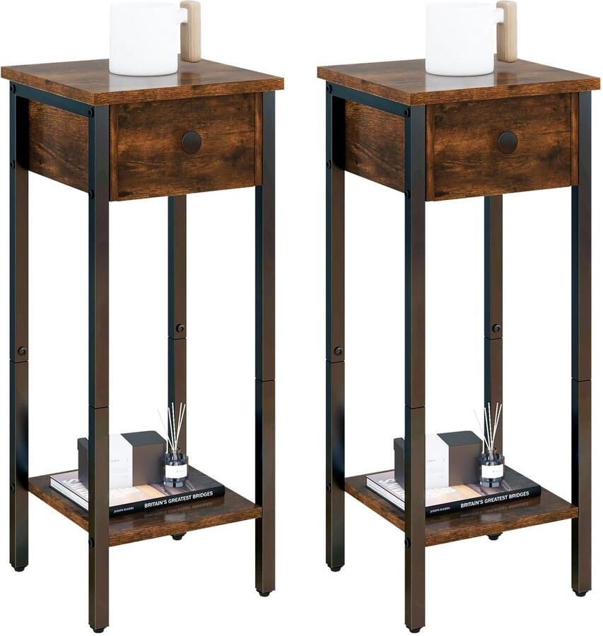 Azomor Stijlvolle set van twee smalle bijzettafels met lade voor woonkamer