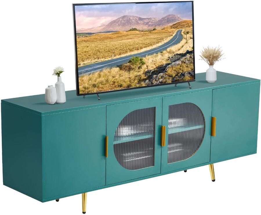 Azomor Stijlvolle TV-kast met glazen deuren en verstelbare planken voor grote televisies