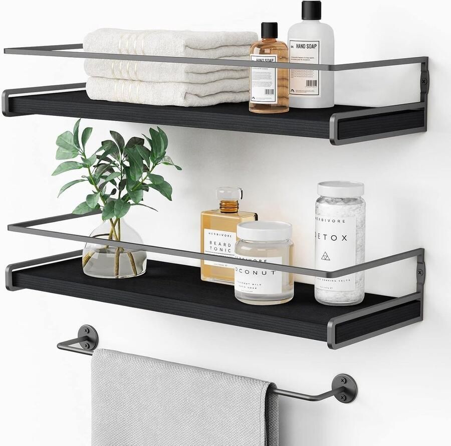 Azomor Stijlvolle zwarte houten wandplank met handdoekhouder voor elke ruimte
