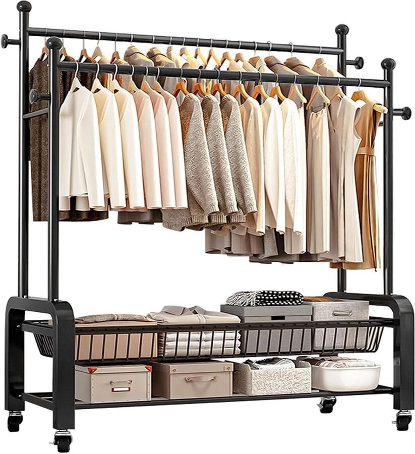 Azomor Verplaatsbaar kledingrek met dubbele stangen en wielen voor extra opslag