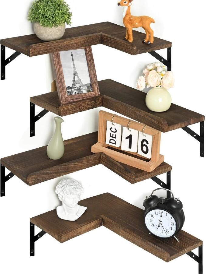 Azomor Vierdelige set zwevende hoekplanken van hout voor kamers