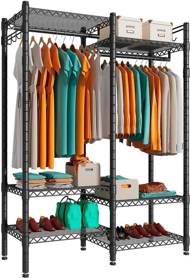 Azomor Vrijstaand kledingrek op wielen met verstelbare planken en haken