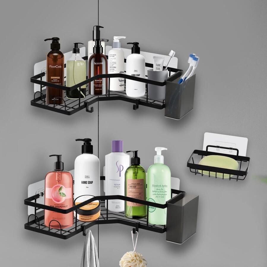 Azomor Zelfklevende hoekdouche caddy set met roestvrijstalen planken en accessoires