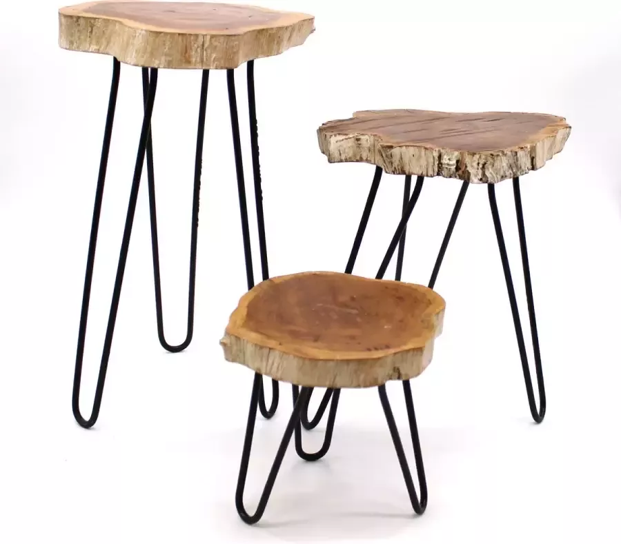 b-home-interieur.be Decoratief Planten krukjes met zwart roeste Spin Pootjes- SET 3 planten krukje wood plant stand -3 stuks