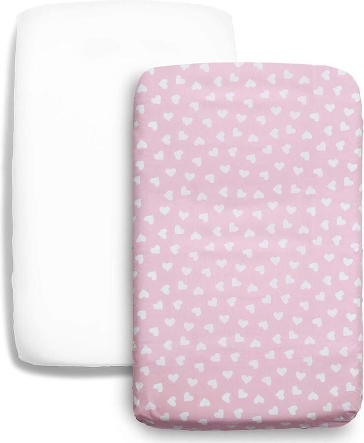 Baby Jean 2-delige Beddengoed Set 60x120 Hoeslakens 100% Katoen voor Peuterbedden en Kinderbedden Set van Wit + Roze met Hartjespatroon Hoeslaken