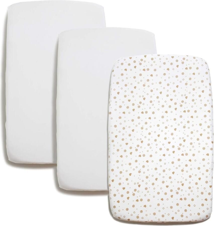 Baby Jean 3-delige Beddengoed Set 60x120 2x Hoeslakens 100% Katoen 1x Matrasbeschermer voor Peuterbedden en Kinderbedden Set van Wit + Wit met Gouden Hartjes en Rondjespatroon Hoeslaken