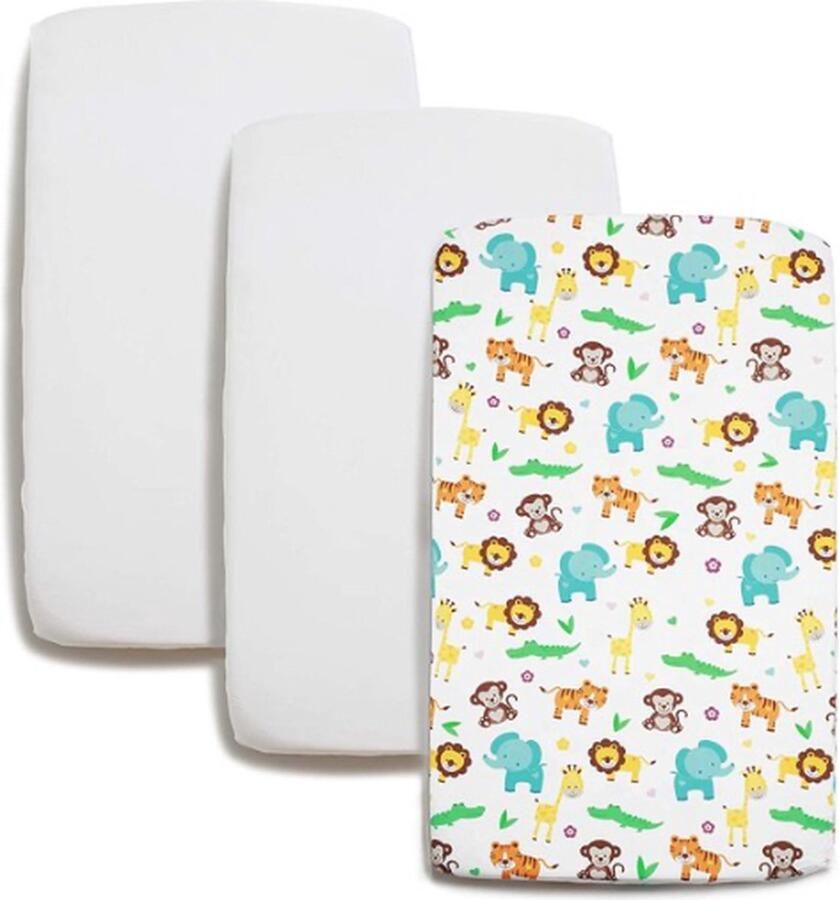 Baby Jean 3-delige Beddengoed Set 70x140 2 Hoeslakens 100% Katoen 1 Matrasbeschermer voor Juniorbed of Groot Ledikant Hoeslaken Set van Wit + Wit met Jungle Dierenpatroon