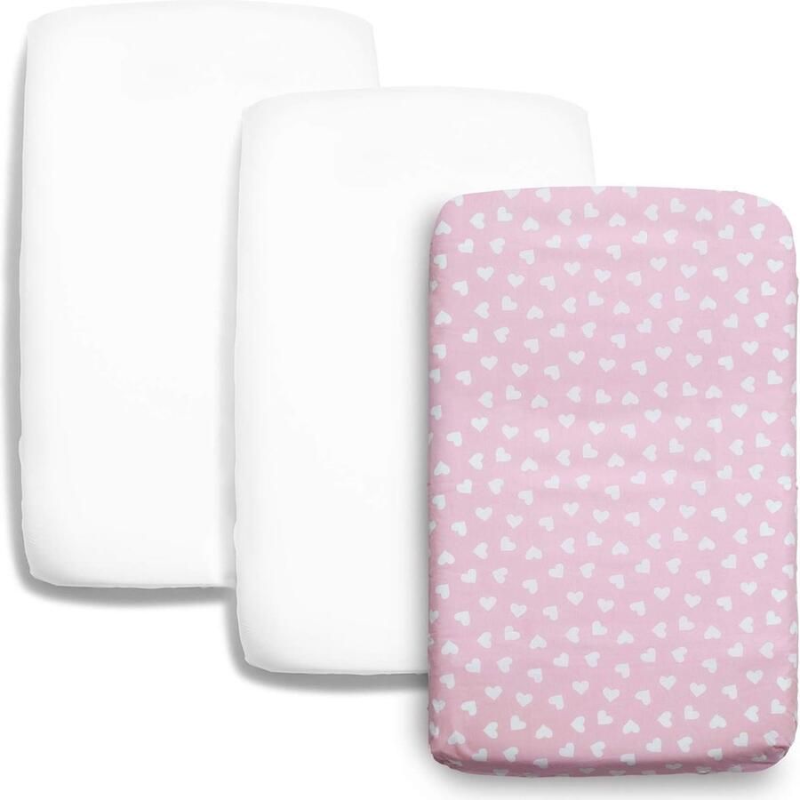 Baby Jean 3-delige Beddengoed Set 70x140 Hoeslakens 100% Katoen 1x Matrasbeschermer voor Juniorbed of Groot Ledikant Hoeslaken Set van Wit + Roze met Hartjespatroon