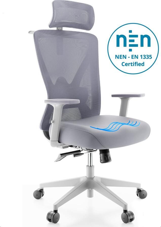 Backerz Ergonomische Bureaustoel Bureaustoelen voor Volwassenen Volledig Verstelbaar NEN-EN1335 gecertificeerd tot 150kg Office Chair Gamestoel Motion Mesh Wit