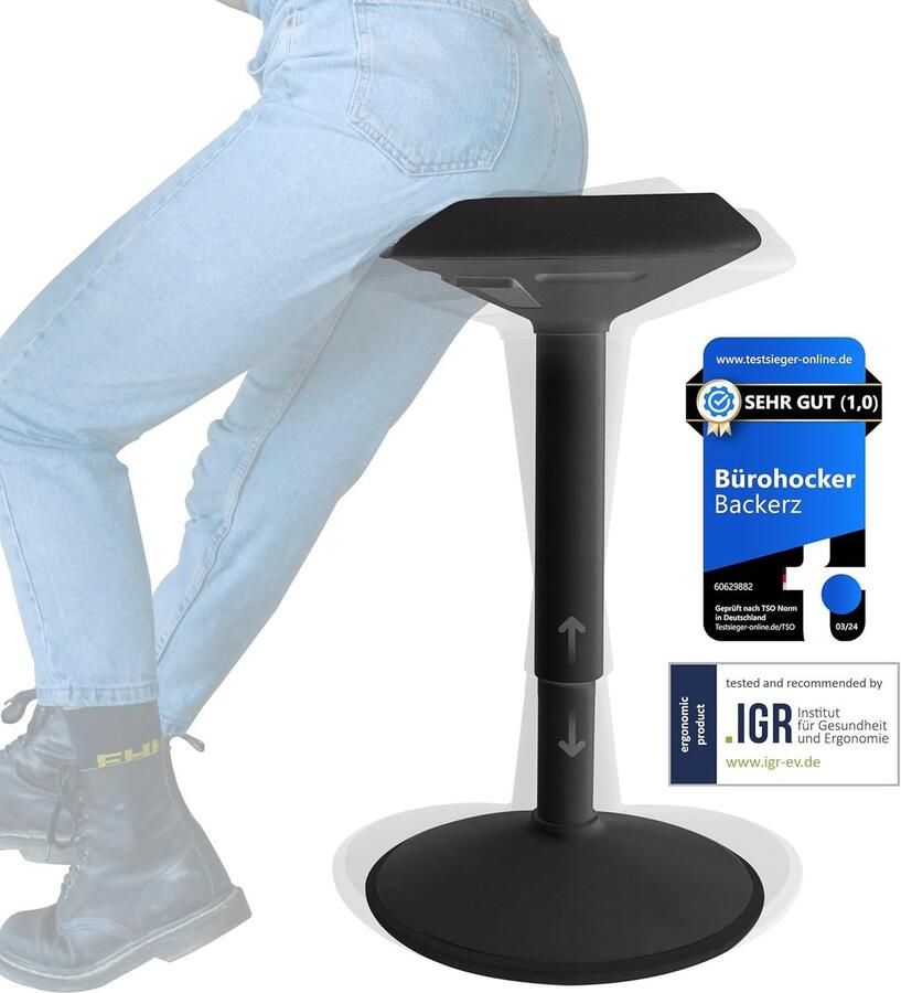 Backerz Wiebelkruk Ergonomische Wiebel Stoel hoogte 40-60cm Balanskruk Zit Sta kruk Zadelkruk Zwart - Foto 2