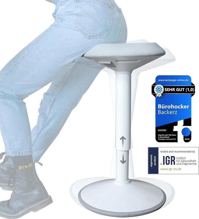 Backerz Wiebelkruk Ergonomische Wiebel Stoel hoogte 40-60cm Balanskruk Zit Sta kruk Zadelkruk Wit - Foto 2