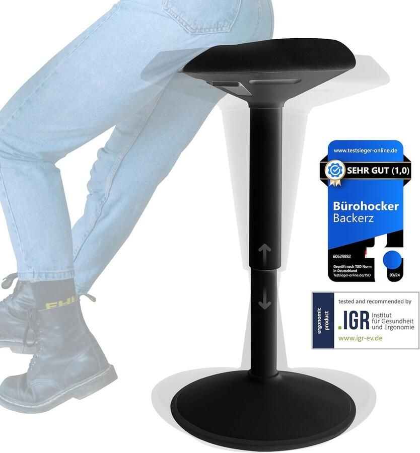 Backerz Wiebelkruk Ergonomische Wiebel Stoel hoogte 55-80cm Balanskruk Zit Sta kruk Zadelkruk Zwart - Foto 2