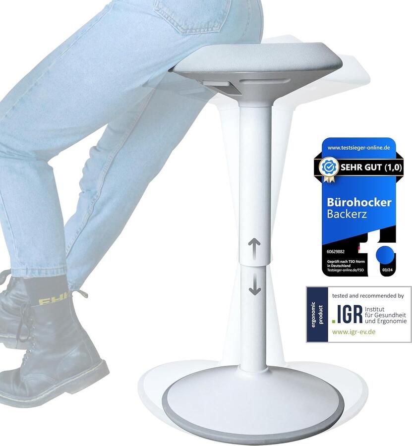 Backerz Wiebelkruk Ergonomische Wiebel Stoel hoogte 55-80cm Balanskruk Zit Sta kruk Zadelkruk Wit - Foto 2
