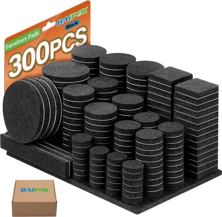 BAIPOK 300 zelfklevende vilten pads in 10 maten anti-kras vloerbeschermers en stoelpootpads met 60 extra kastdeurbumpers