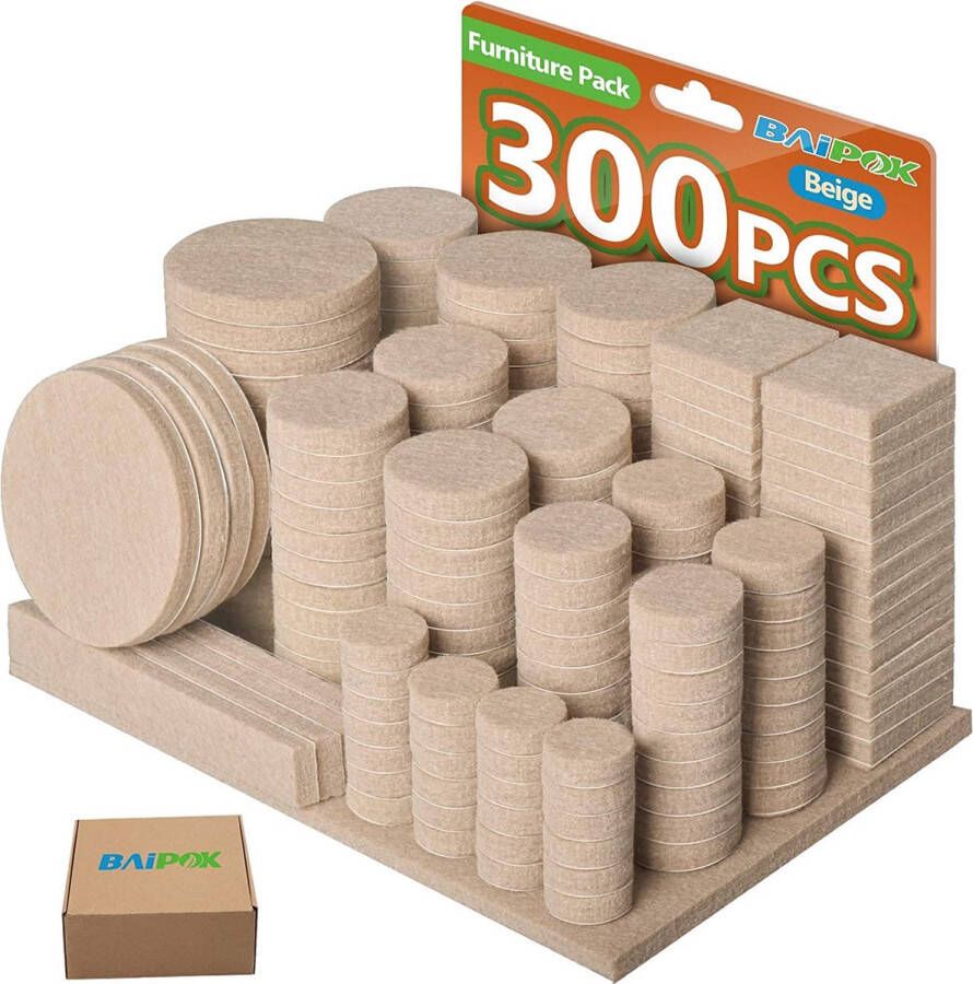 BAIPOK Meubelpads 300 stuks beige vilten pads voor meubels voeten anti krassen 10 maten vilten meubelpads zelfklevend stoel beenbeschermers vloerbeschermer pads voor meubels met 60 kastdeurbumpers