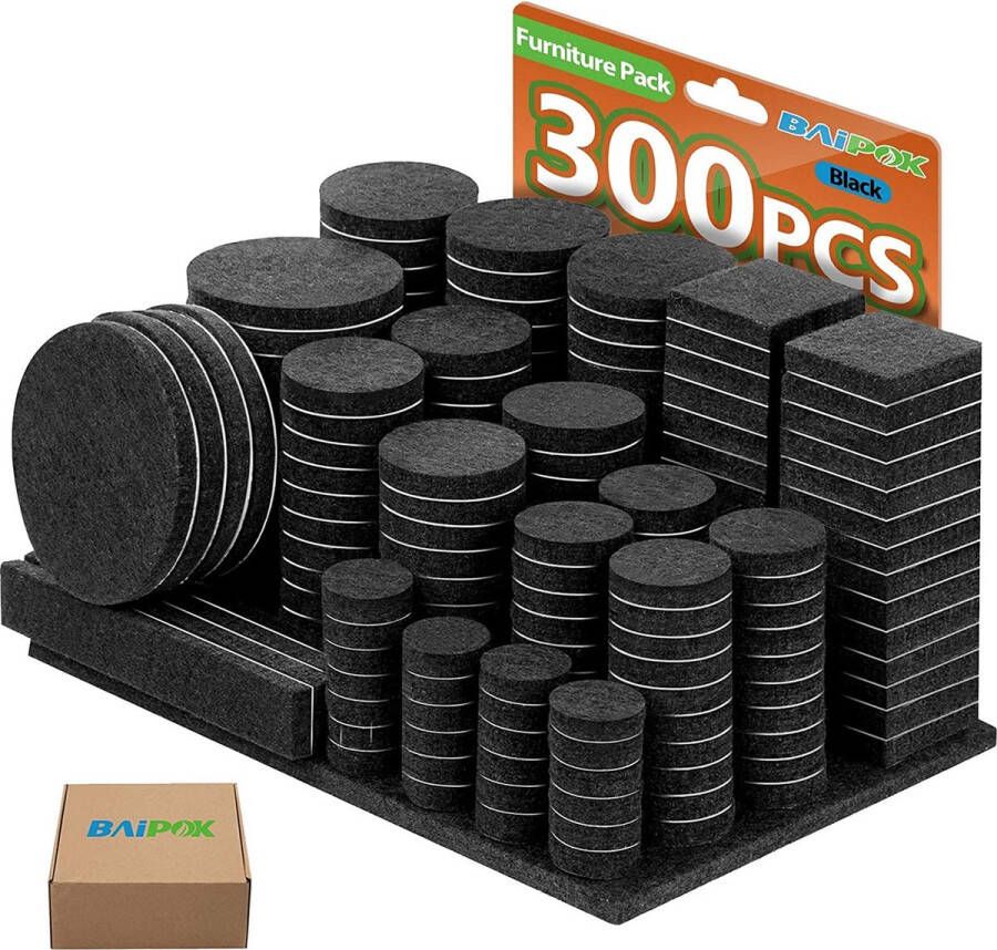 BAIPOK Meubelpads 300 stuks vilten pads zelfklevend groot pakket 10 maten 5 mm dik meubilair vilten pads anti krassen vloer beschermer pads stoel been pads voor meubels voeten met 60 kast deur bumpers