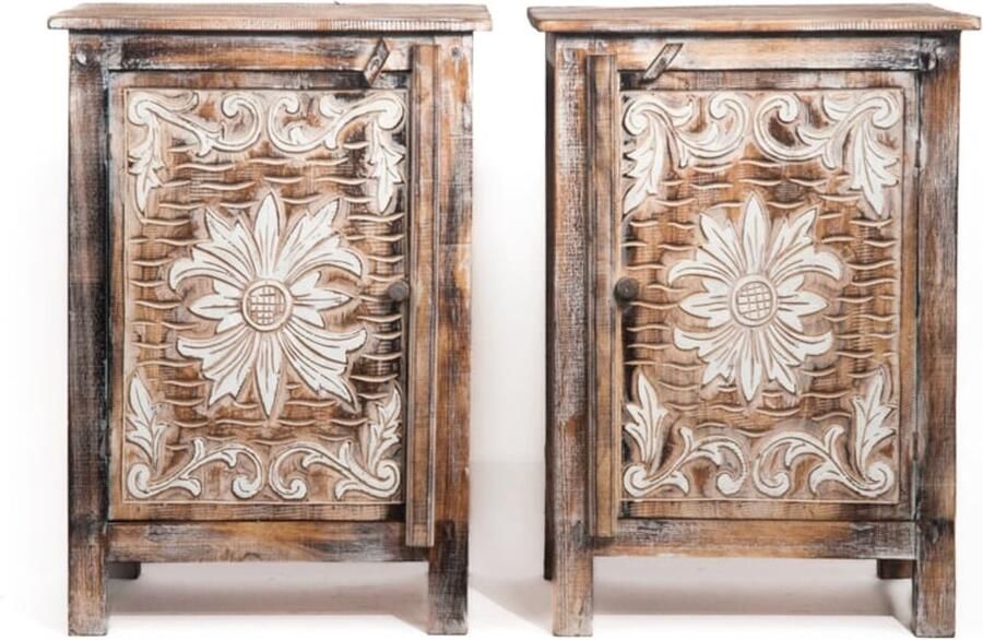 Bali Styling & Ibiza Living Set houten nachtkastjes burned white flower