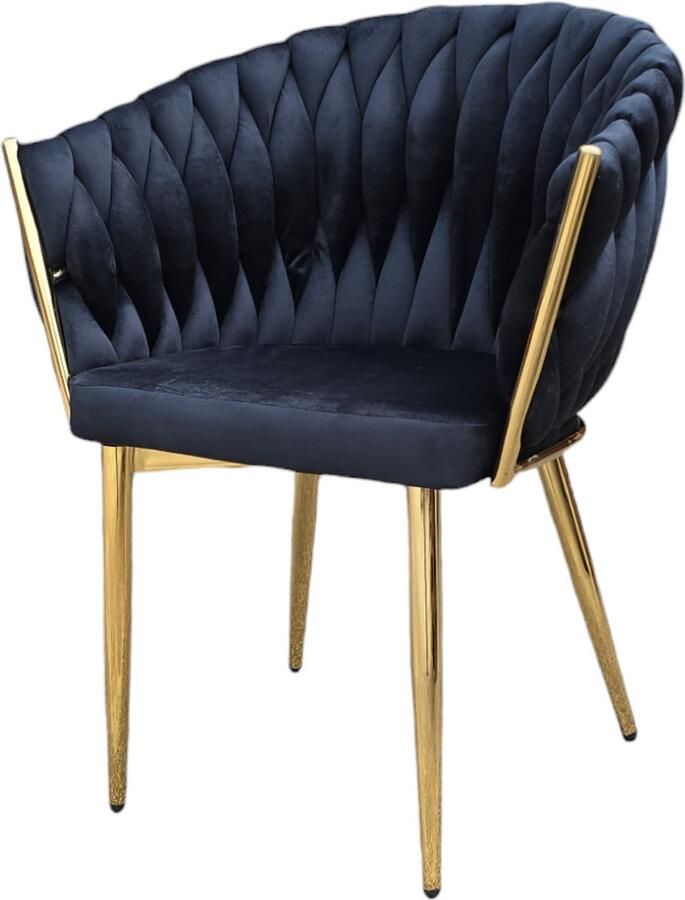 Bam&Boo Bam & Boo Mandy Eetkamerstoel Set Van 4 Wave Zwart Goud Luxe Fluweel Velvet Velours Industrieel met armleuning