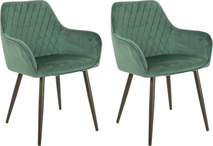 Bam & Boo Elena Eetkamerstoel Set Van 2 groen Fluweel Velvet Velours Industrieel met armleuning