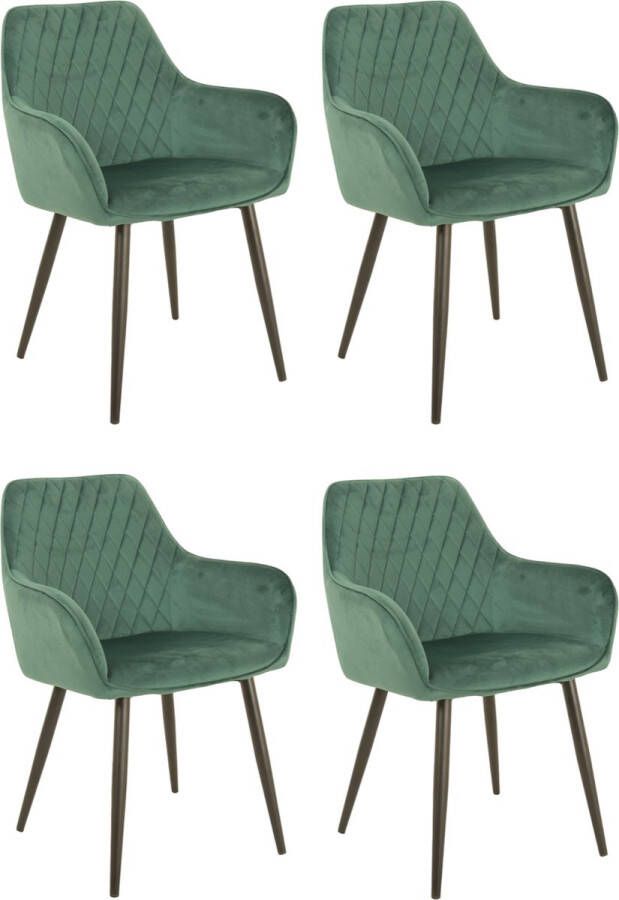 Bam & Boo Elena Eetkamerstoel Set Van 4 groen Fluweel Velvet Velours Industrieel met armleuning