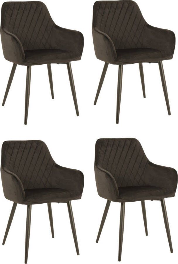 Bam & Boo Elena Eetkamerstoel Set Van 4 zwart Fluweel Velvet Velours Industrieel met armleuning