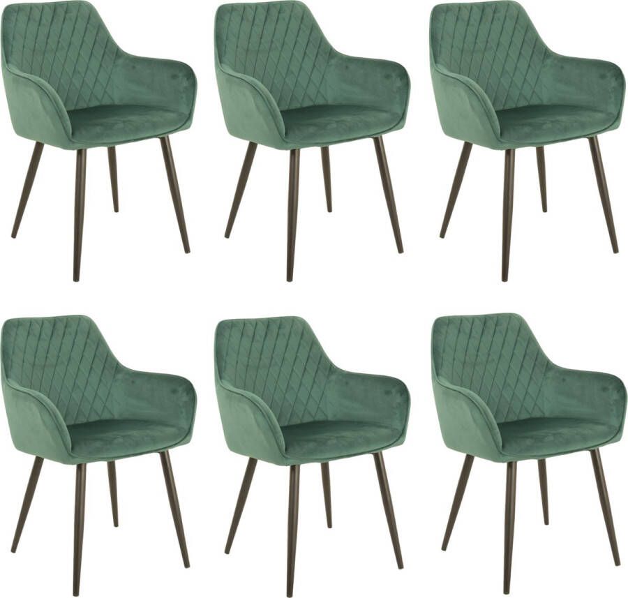 Bam & Boo Elena Eetkamerstoel Set Van 6 groen Fluweel Velvet Velours Industrieel met armleuning