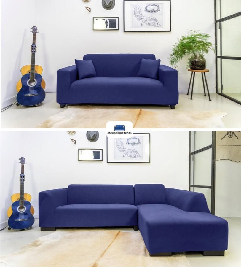 Bandal Bankhoes Bankhoezen Bank hoes stretch Bankhoes hoekbank Bankhoes U-bank Geproduceerd in NL 95% Katoen Donkerblauw l maat L