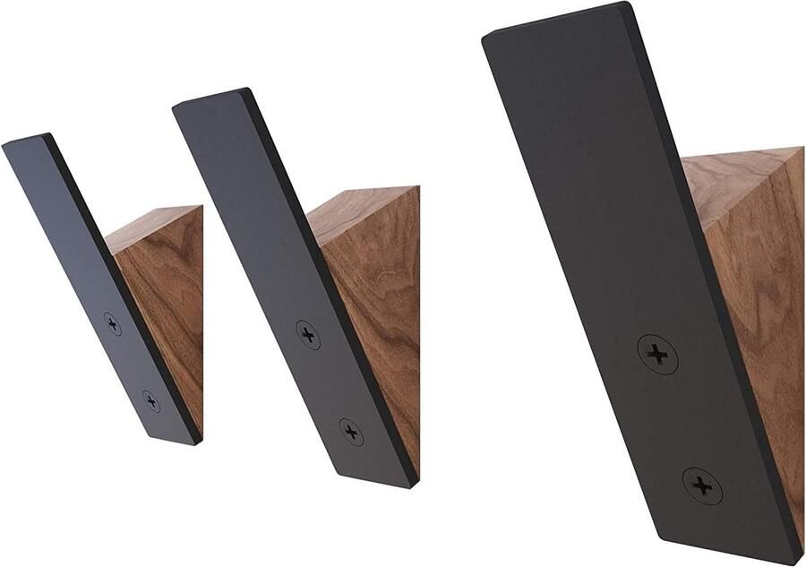 Banisel Wandkapstok Set van 3 Wandhaken Muurhaken Kapstok Haakjes Walnoot hout zwart metalen haken voor het ophangen van jassen hoedhaken voor muur decoratieve wandhaken hoedenhangers voor muur