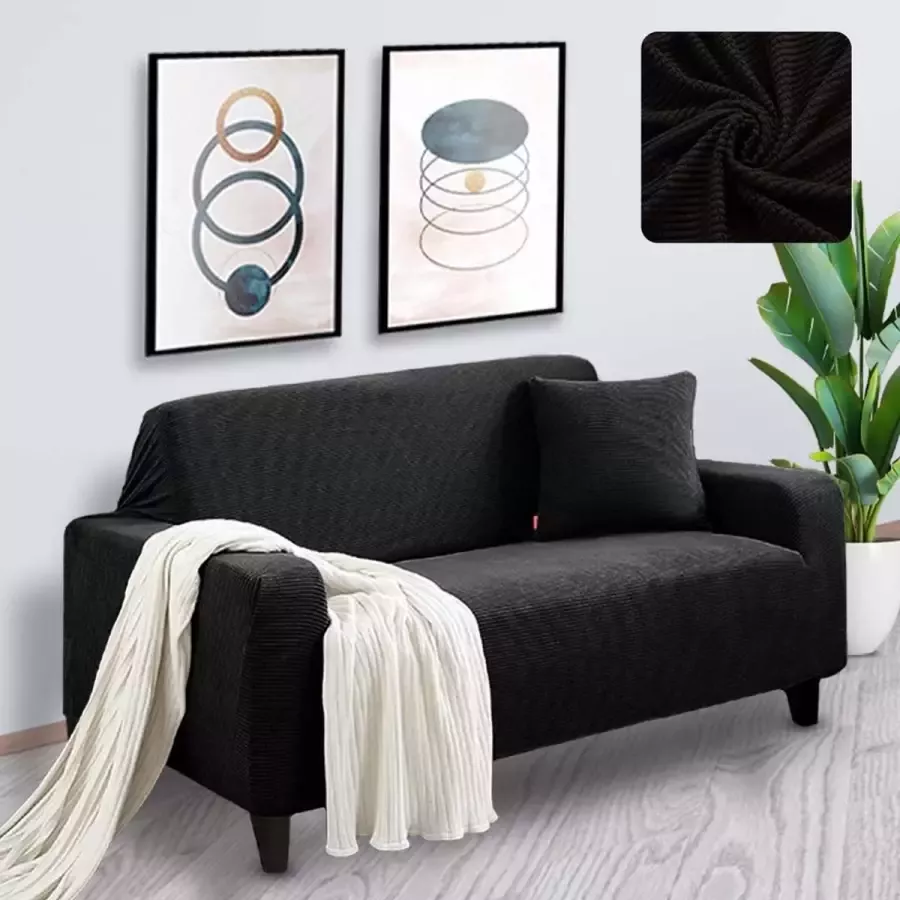 BankhoesDiscounter Knitted Voorgevormde Bankhoes – M2 (130-175cm) – Zwart – Sofa Cover – Bankbeschermer – Bankhoes Stretch