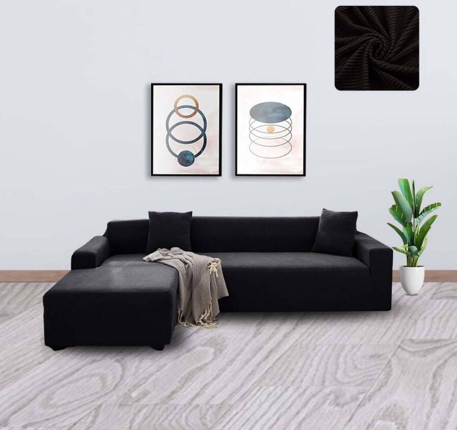 BankhoesDiscounter Knitted Bankhoes – Hoekbank – M3 (175-220cm) – Bankbeschermer – Zetelhoes & Zetelbeschermer Bankhoezen voor Hoekbank Sofa Cover Zwart