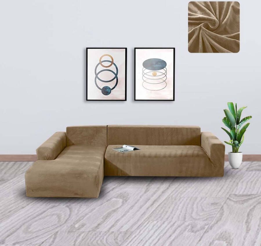 BankhoesDiscounter Velvet Bankhoes – Hoekbank – M2 (130-175cm) – Bankbeschermer – Zetelhoes & Zetelbeschermer Bankhoezen voor Hoekbank Sofa Cover Camel