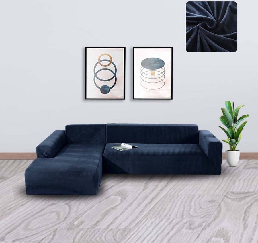BankhoesDiscounter Velvet Bankhoes – Hoekbank – M4 (220-300cm) – Bankbeschermer – Zetelhoes & Zetelbeschermer Bankhoezen voor Hoekbank Sofa Cover Donkerblauw