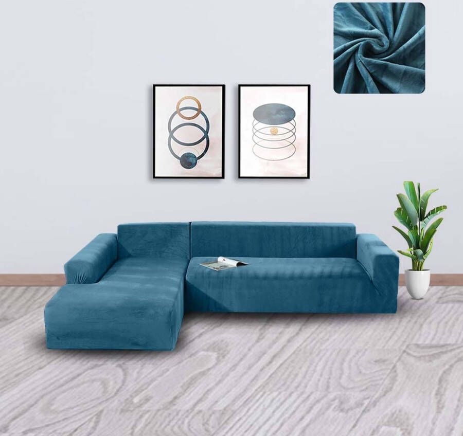 BankhoesDiscounter Velvet Bankhoes – Hoekbank – M4 (220-300cm) – Bankbeschermer – Zetelhoes & Zetelbeschermer Bankhoezen voor Hoekbank Sofa Cover Zeeblauw