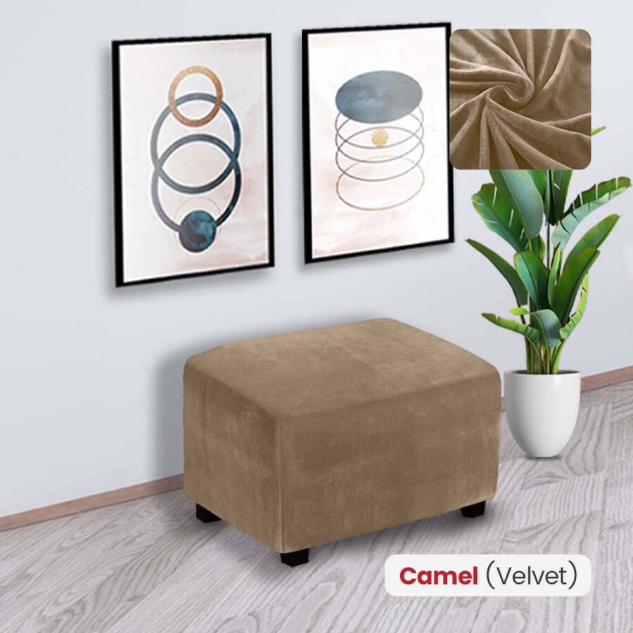 BankhoesDiscounter Velvet Hocker Hoes – Hocker Poef – Stretch – Poef Hoes – Hoekbank Met Hocker – Hoes Voor Poef – Maat L – Camel - Foto 2