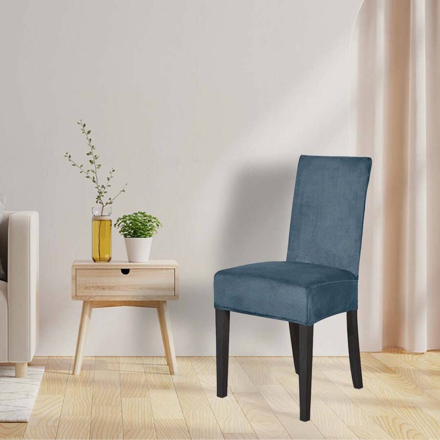 BankhoesDiscounter Velvet Stoelhoes – Maat L – Steenblauw – Eetkamer Stoelhoezen – Stoelhoezen Eetkamerstoelen – Stretch Stoelhoes - Foto 2