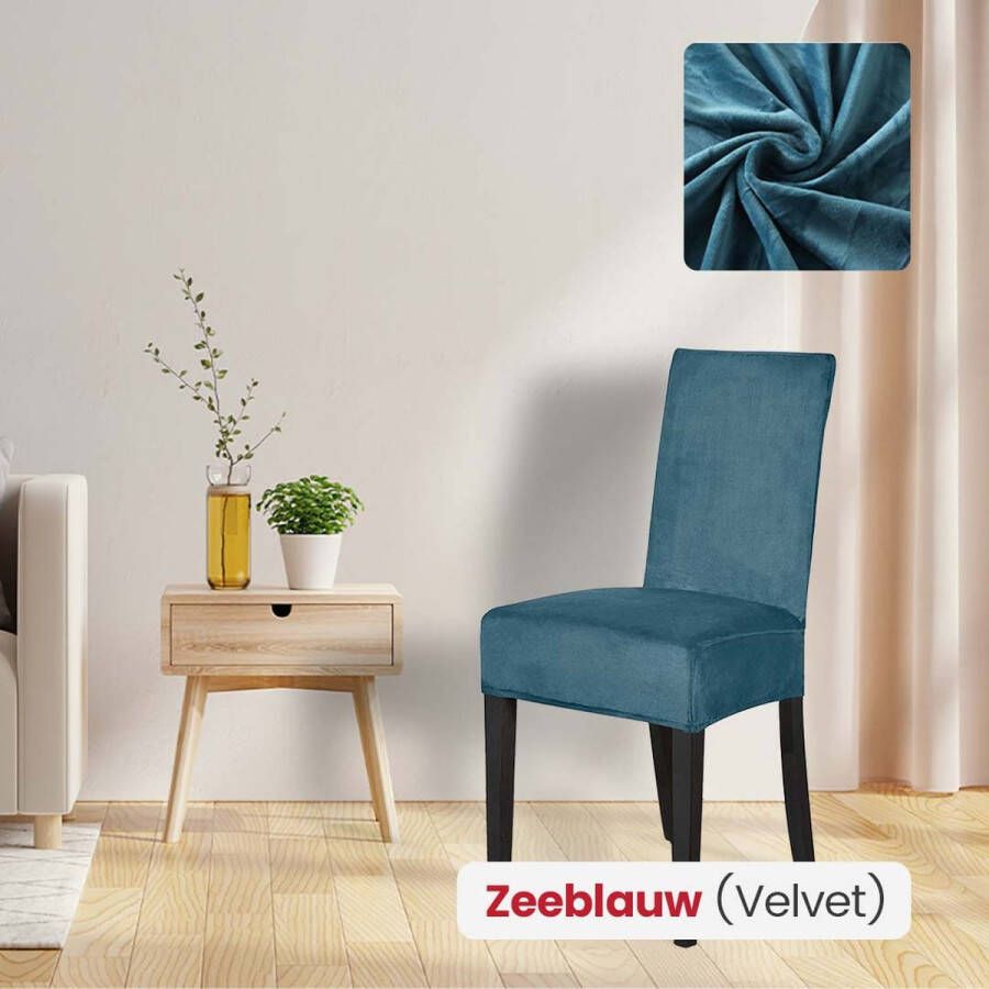 BankhoesDiscounter Velvet Stoelhoes – Maat L – Steenblauw – Eetkamer Stoelhoezen – Stoelhoezen Eetkamerstoelen – Stretch Stoelhoes - Foto 1