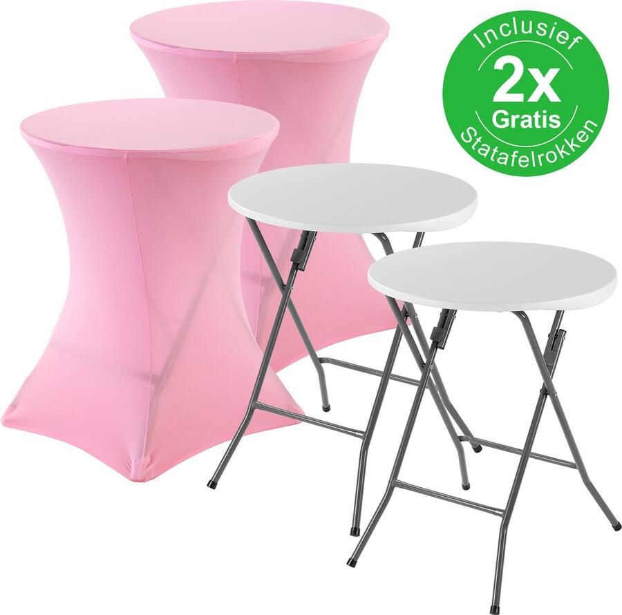 Bardi 2 x Statafel klein- Salontafel Bijzettafel Inklapbaar 60 x 74cm Wit inclusief Roze Rokken